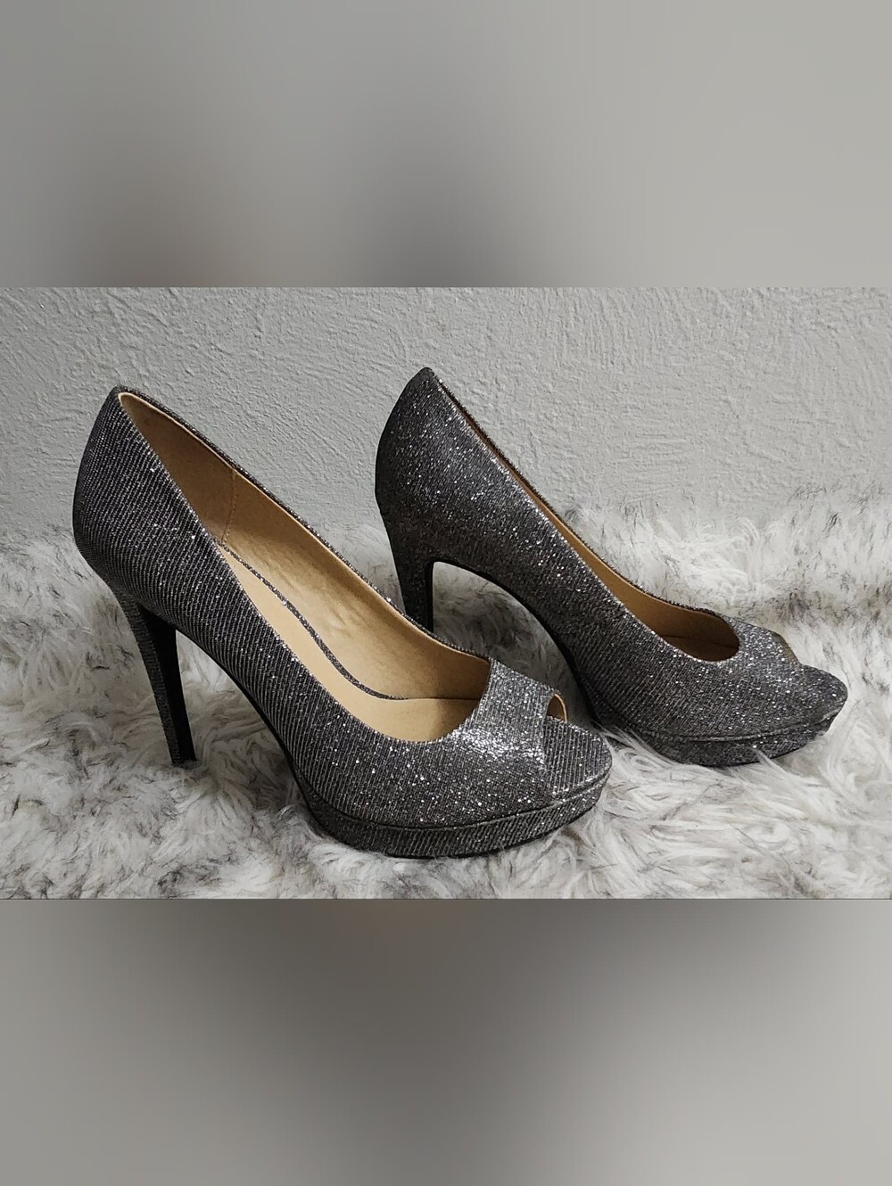 Chinese Laundry Silver Glitter Peep-Toe Stiletto Heels